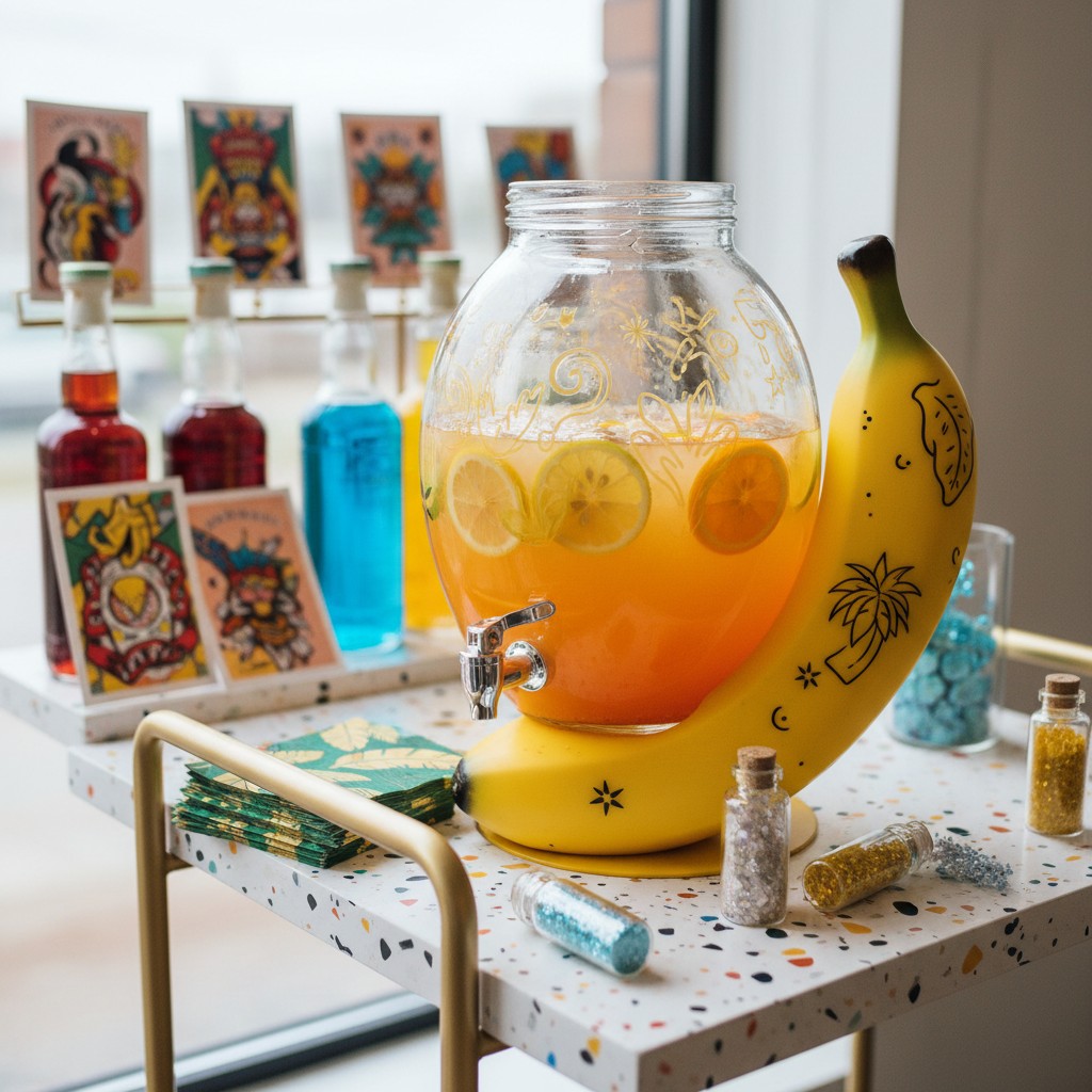 Un cocktail est servi dans un réservoir en prenant la forme d'un plat de mangue. This looks like it's a drink served out o...